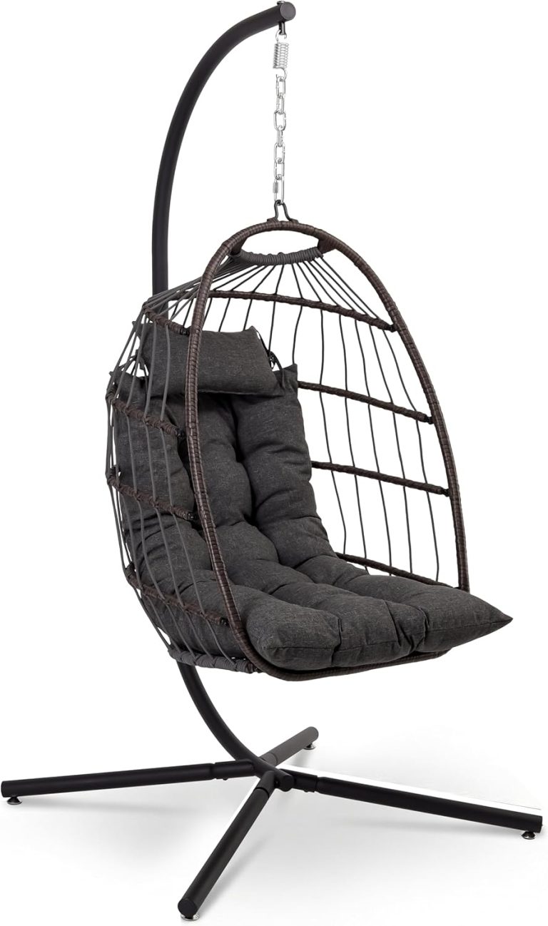SereneLife Fauteuil Oeuf Suspendu avec Support, Rotin Tressé Pliable, Coussin Imperméable